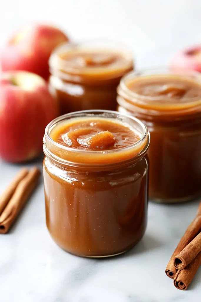 Homemade apple butter displayed on a light countertop with whole apples nearby.