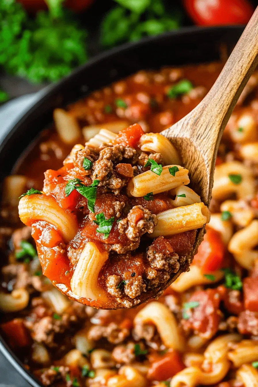 Close-up of tender pasta mixed with ground beef and diced vegetables, served in a rustic bowl.