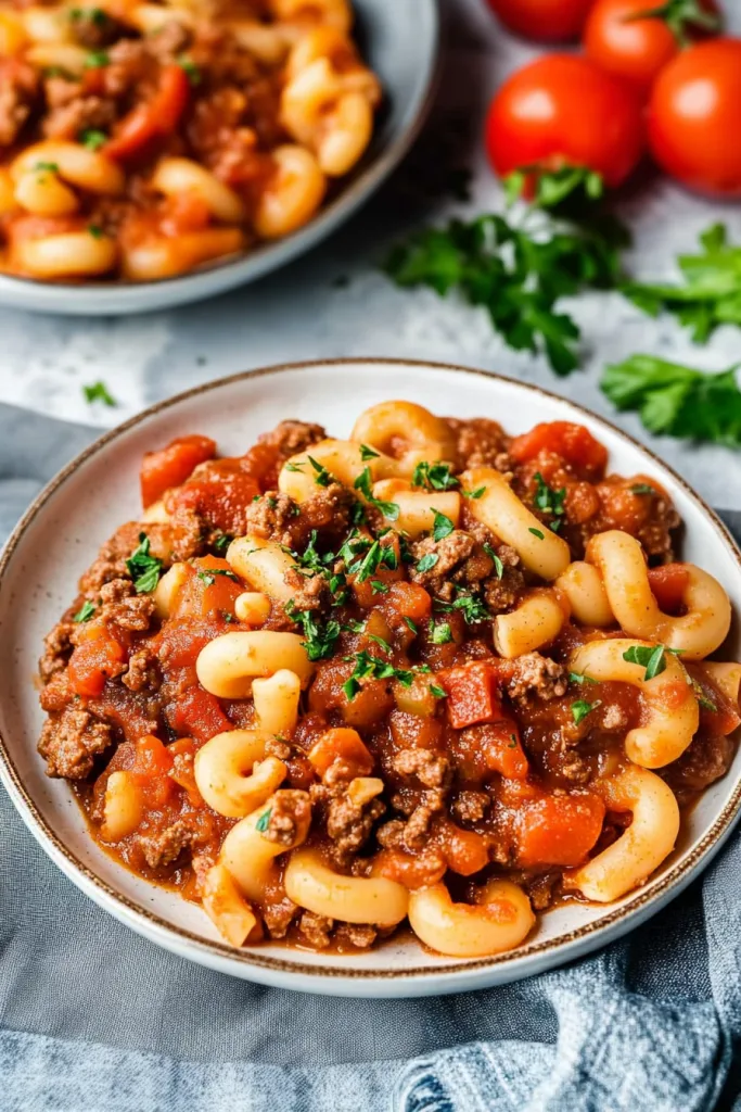 Comforting pasta dish with chunky tomato sauce and herbs, styled with fresh tomatoes in the background.