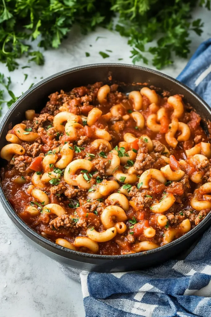 Golden macaroni tossed with savory beef and peppers, finished with a sprinkle of parsley.
