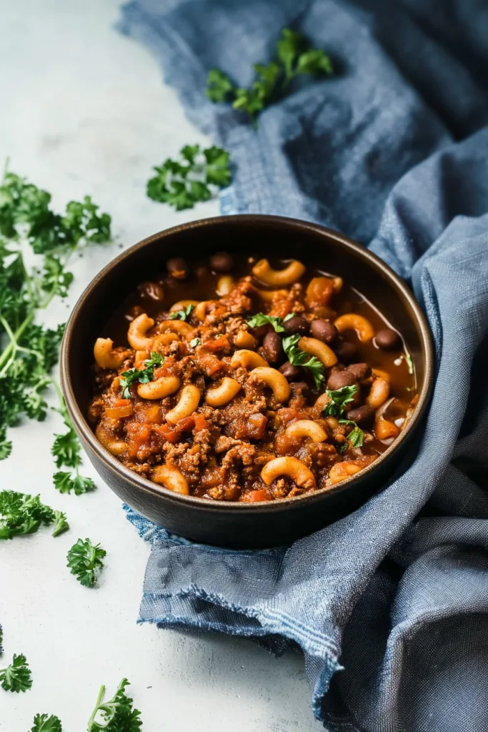 Hearty macaroni pasta coated in a rich tomato meat sauce, garnished with fresh parsley.