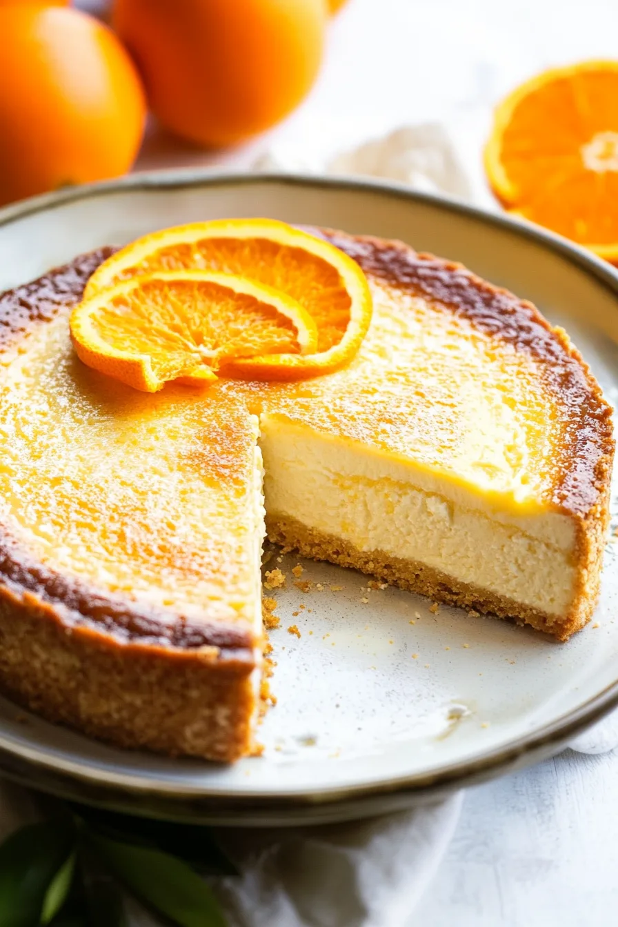 Creamy cheesecake with a golden crust, topped with fresh orange slices.
