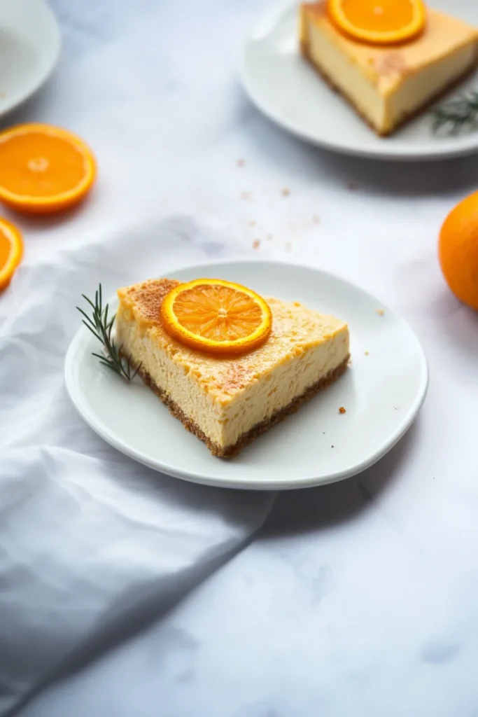 Elegant dessert slice combining creamy filling, crumbly crust, and citrus accent.