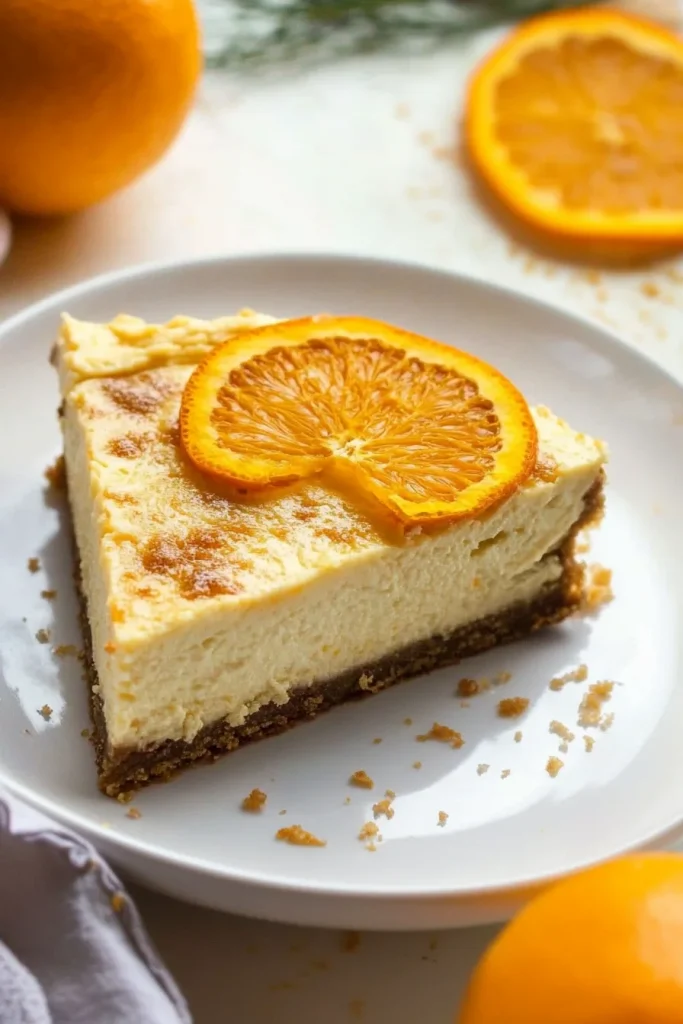 Elegant cheesecake presentation with a citrus twist, highlighting texture and color contrast.