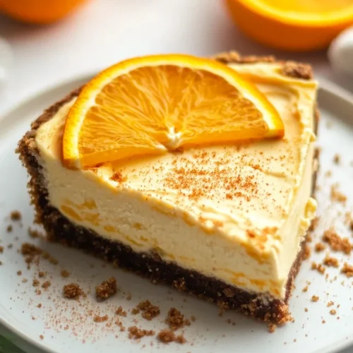 Close-up of crumbly crust and creamy interior, paired with fresh oranges in the background.