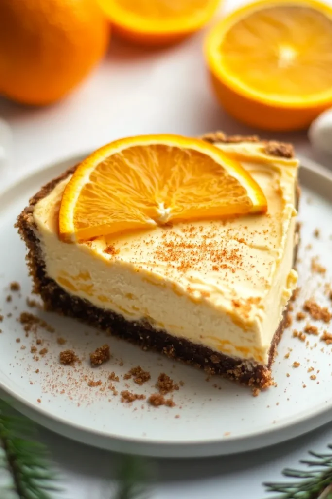 Close-up of crumbly crust and creamy interior, paired with fresh oranges in the background.