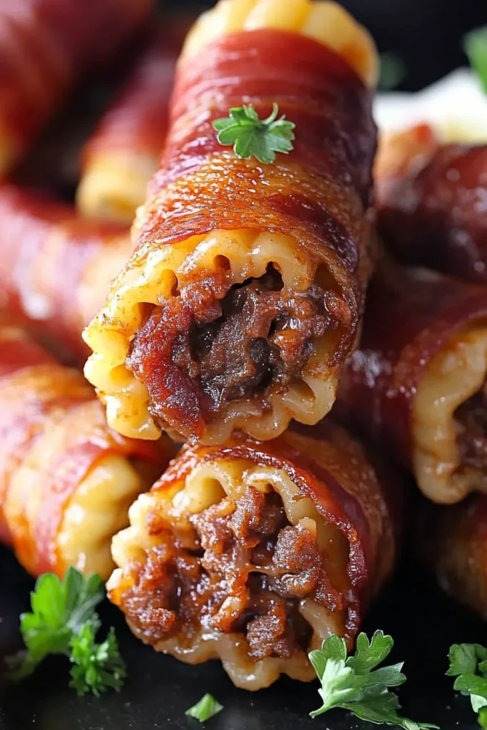 Plated portion of bacon-wrapped pasta highlighting the contrast of textures and colors.