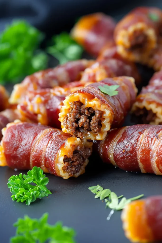 Rolled pasta tubes stuffed with savory meat sauce and wrapped in crispy bacon.