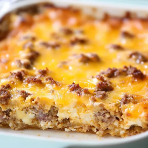 Close-up of a hearty breakfast bake showing sausage and fluffy layers beneath crisp cheese.