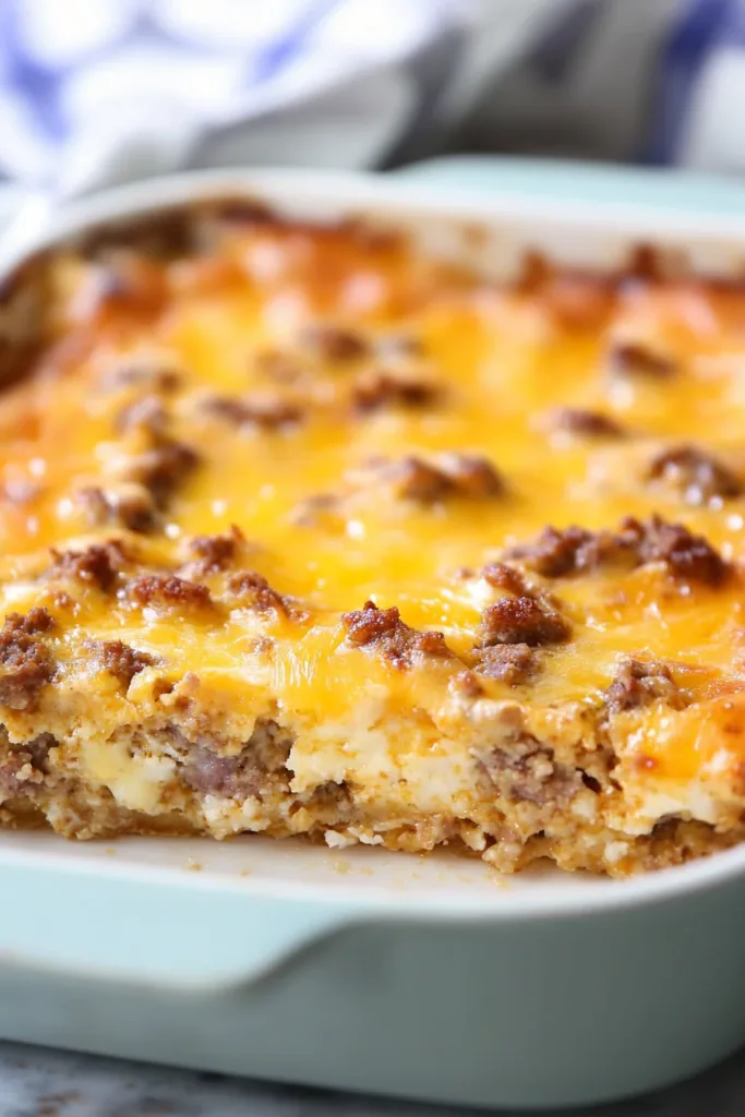 Close-up of a hearty breakfast bake showing sausage and fluffy layers beneath crisp cheese.