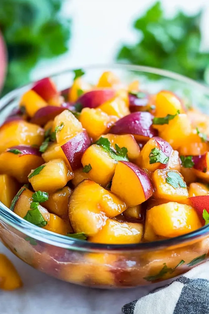 Glass bowl filled with colorful diced fruit and herbs.