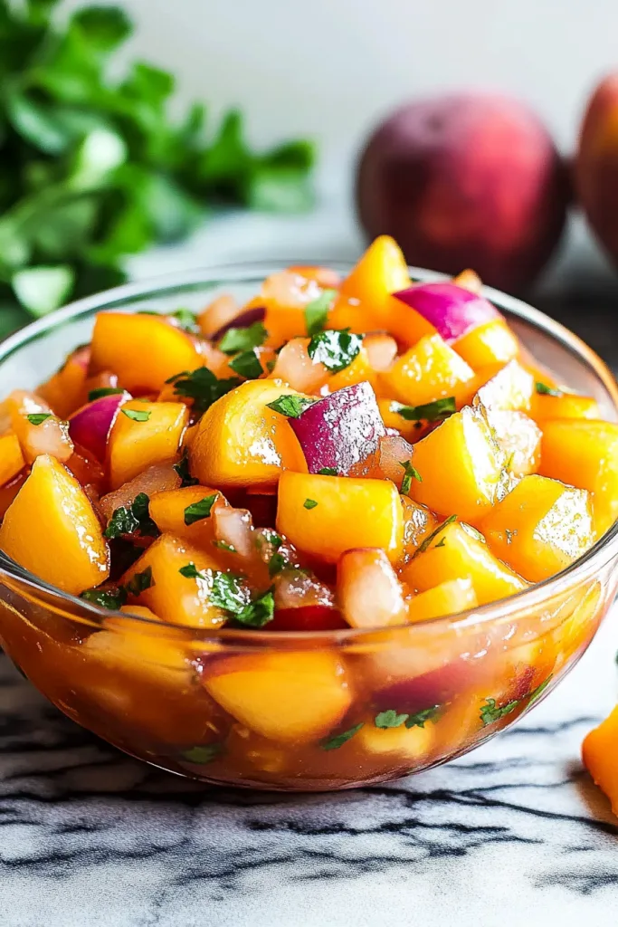 Refreshing mix of ripe peaches and herbs presented simply.