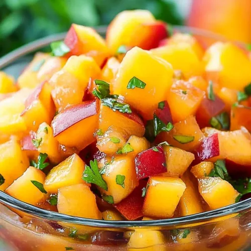 Juicy fruit cubes with green herb garnish against a blurred background.