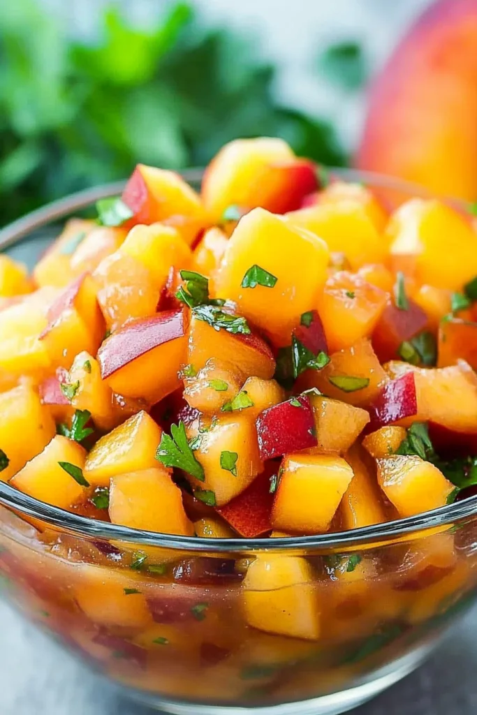 Juicy fruit cubes with green herb garnish against a blurred background.