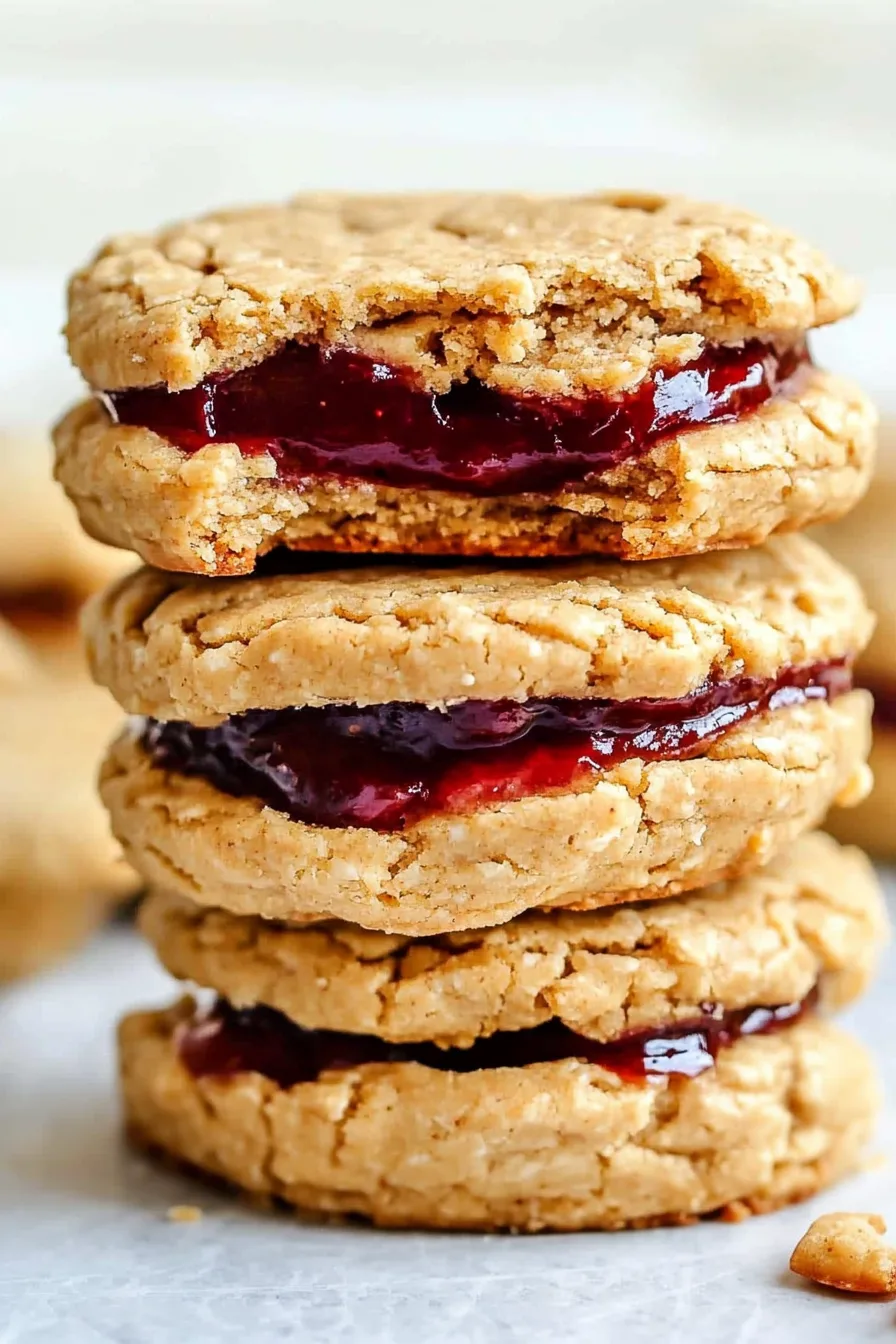 Stack of peanut butter cookies filled with red jam
