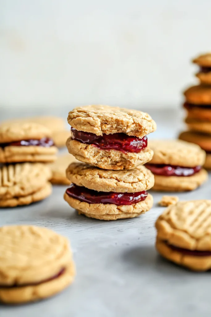 Rustic peanut butter cookies paired with vibrant jam layer