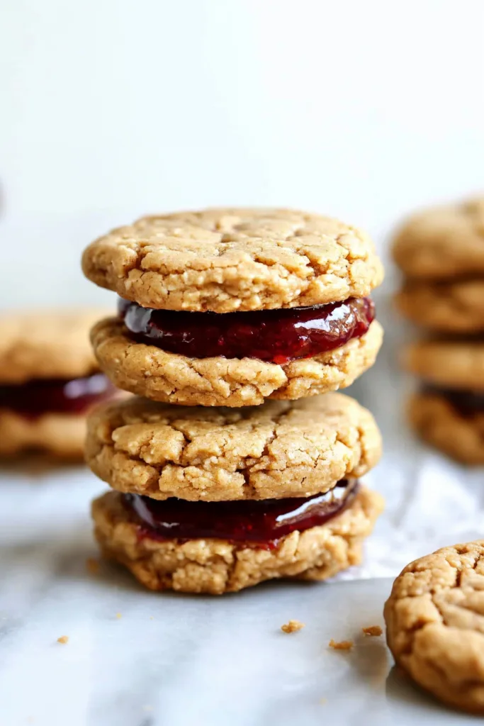 Homemade cookie sandwich with bite revealing jam inside