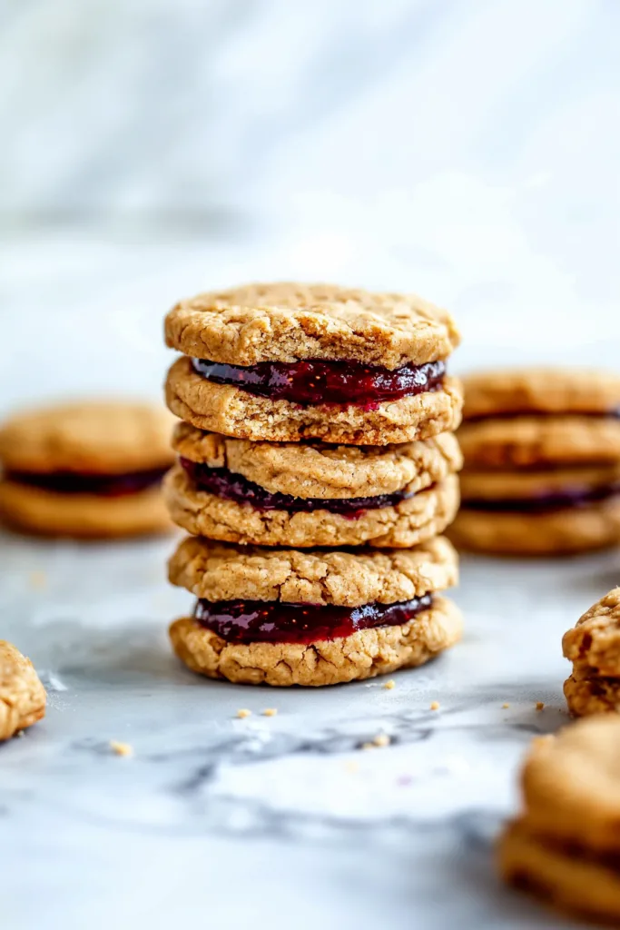 Golden-brown cookies layered with glossy jam center