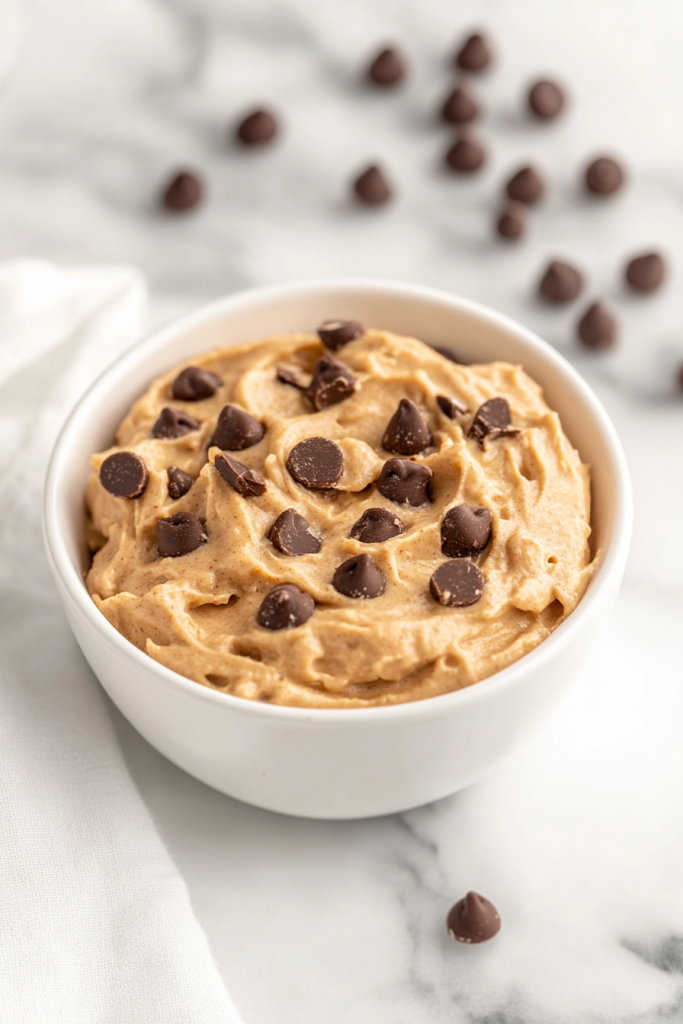 Creamy dessert dip topped with chocolate chunks and cookie crumbles in a serving bowl.