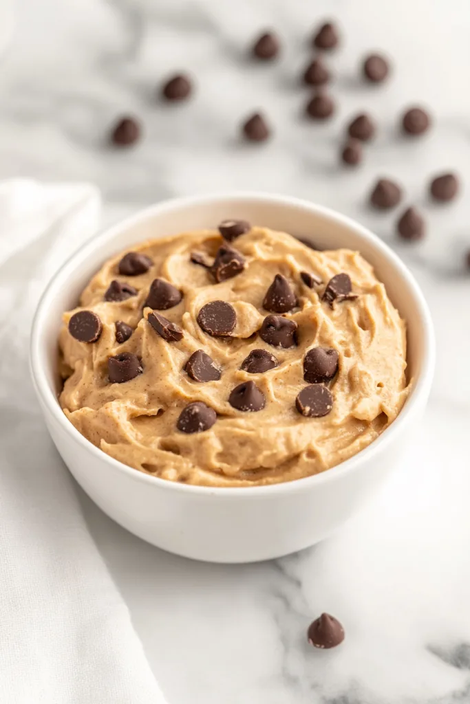 Creamy dessert dip topped with chocolate chunks and cookie crumbles in a serving bowl.