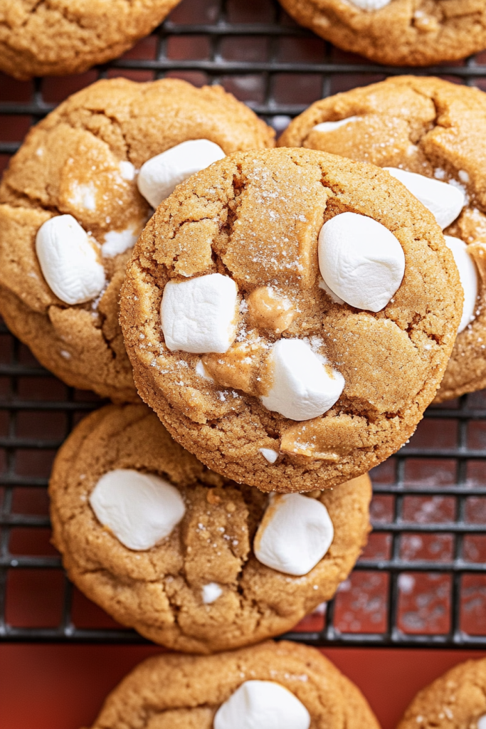 Golden cookies cooling on a rack with gooey marshmallows on top.