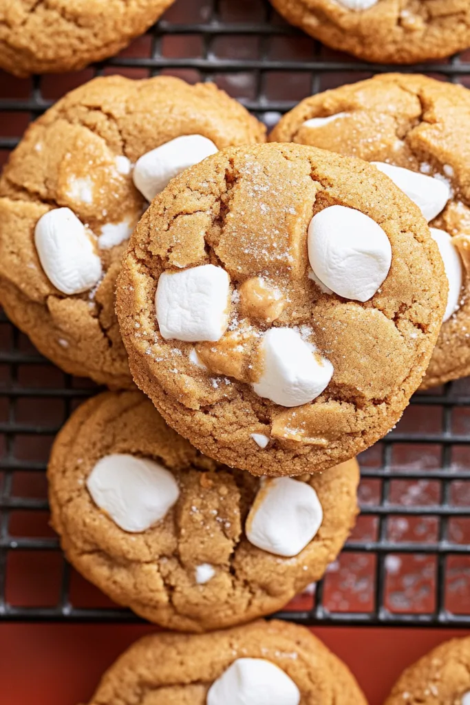 Golden cookies cooling on a rack with gooey marshmallows on top.
