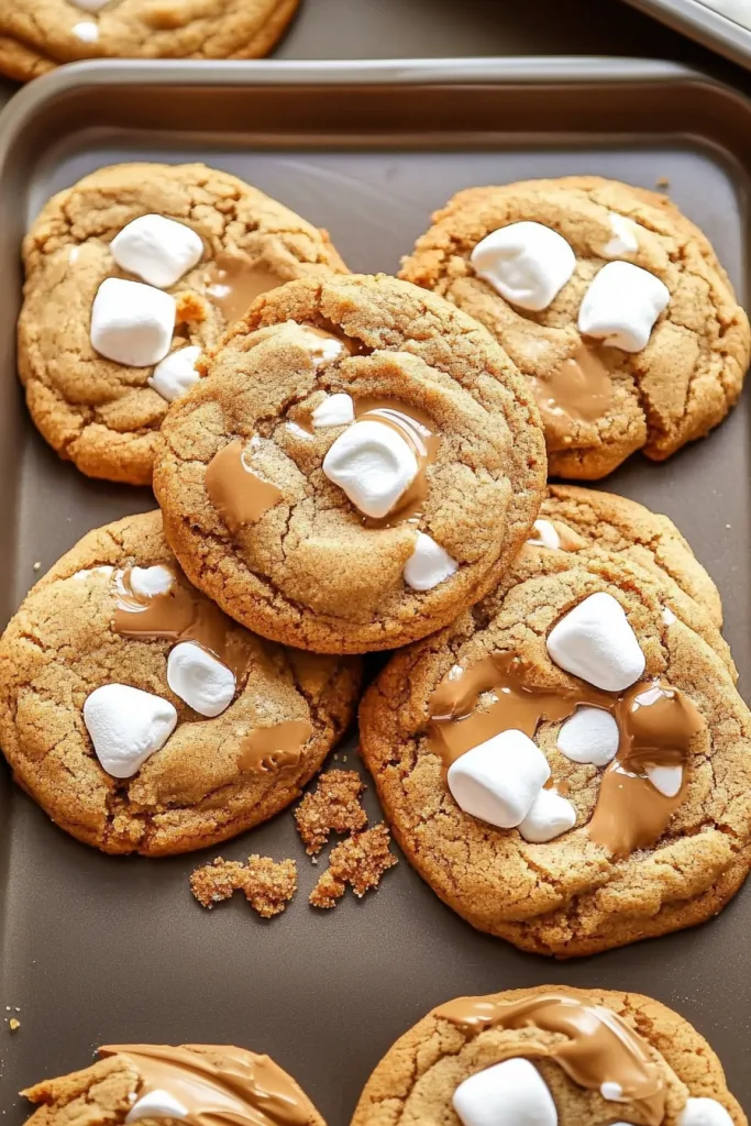 Close-up of soft cookies showing cracked surfaces and melty marshmallow pieces.