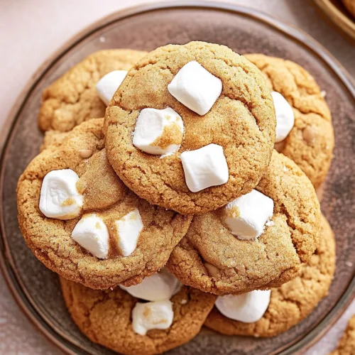 Stack of cookies with crisp edges and soft centers, marshmallows peeking through.