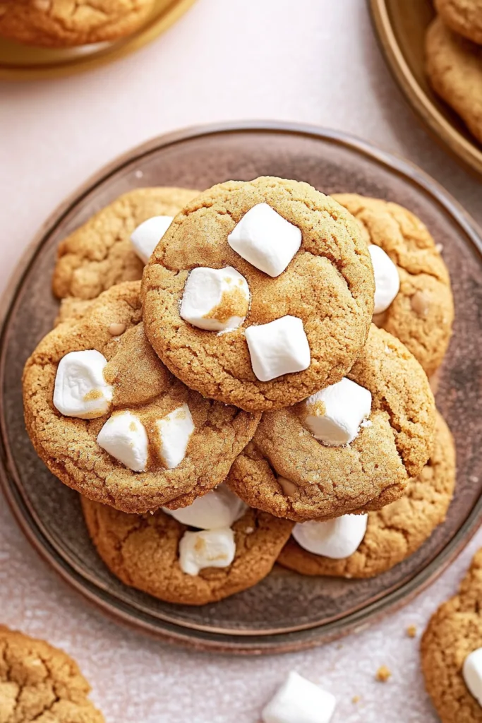 Stack of cookies with crisp edges and soft centers, marshmallows peeking through.