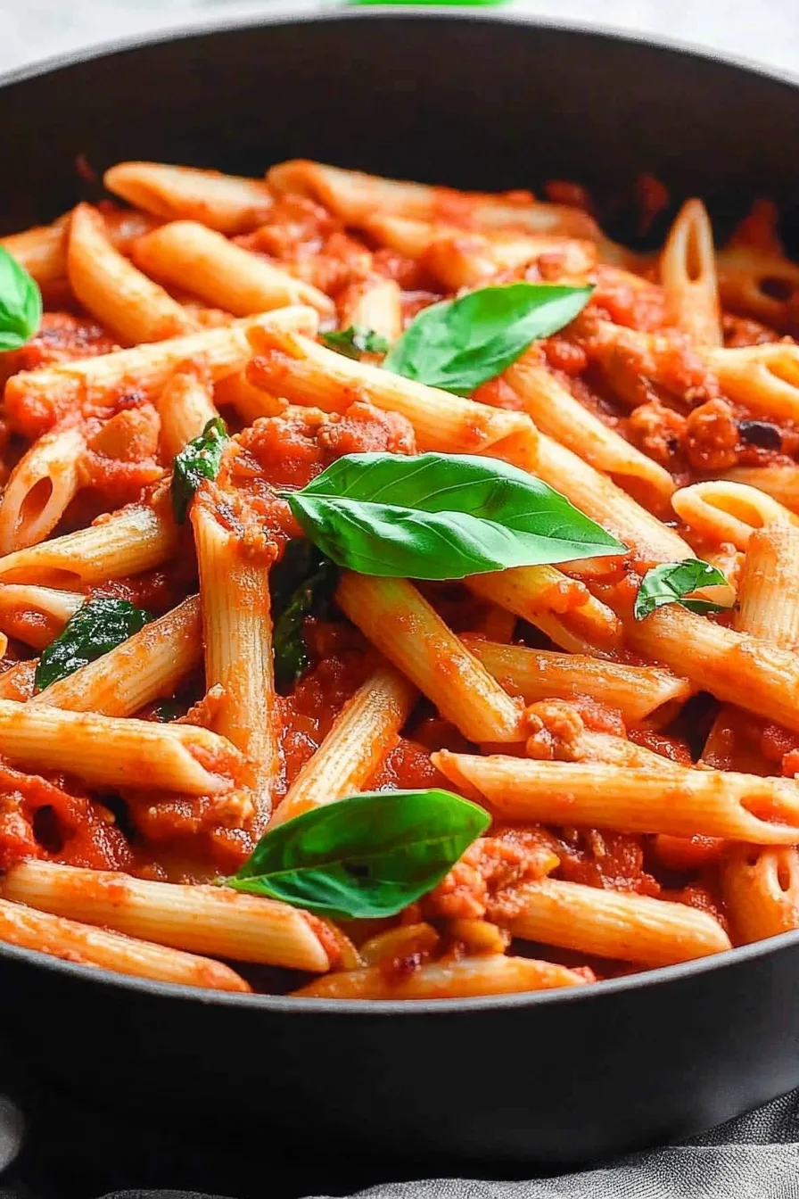 Warm pasta plated simply, showcasing glossy tomato sauce and melted cheese accents.