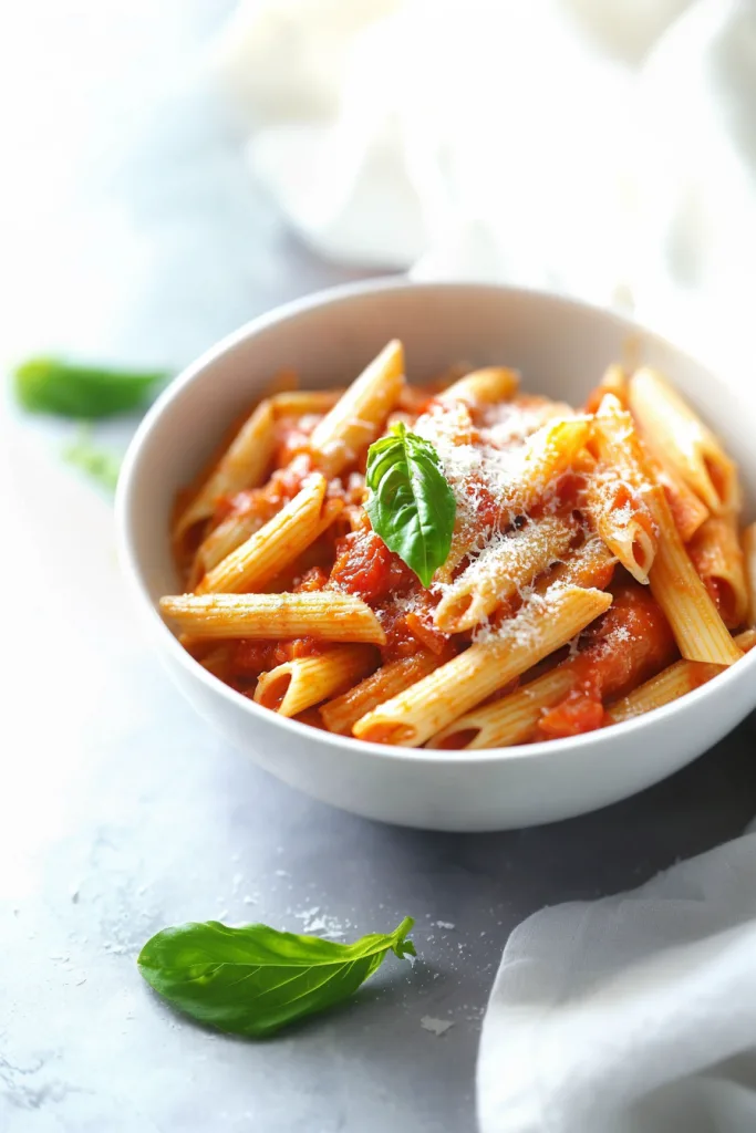 Rustic serving of pasta in a white dish, sauce clinging to each tube with a single basil leaf.