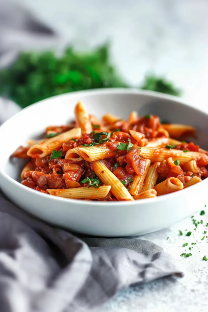 Bowl of pasta with vibrant red sauce, steam rising and a garnish of basil leaves.