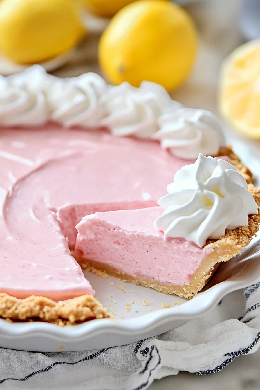 Velvety pink cream pie topped with fluffy whipped cream.