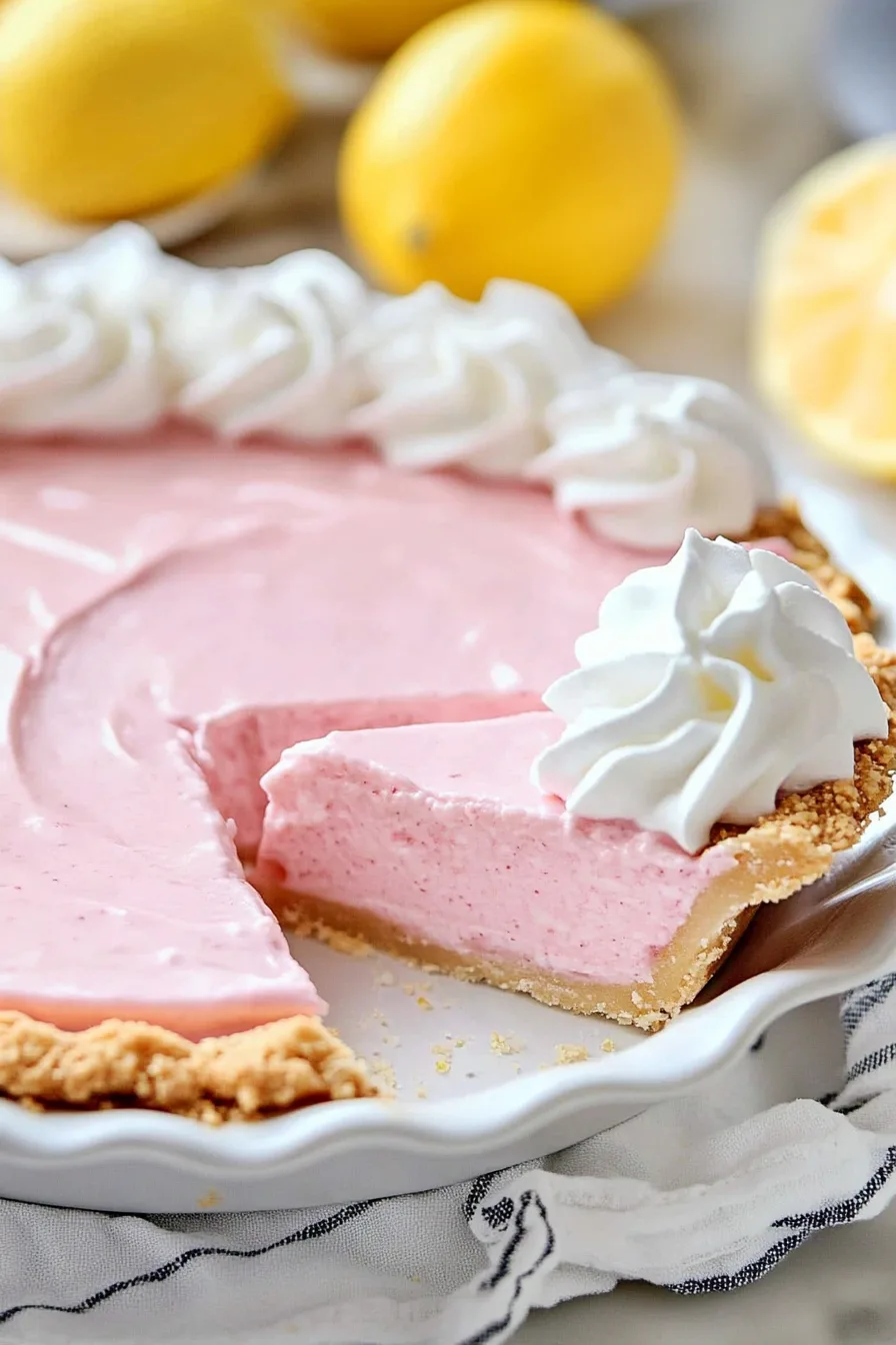 Velvety pink cream pie topped with fluffy whipped cream.