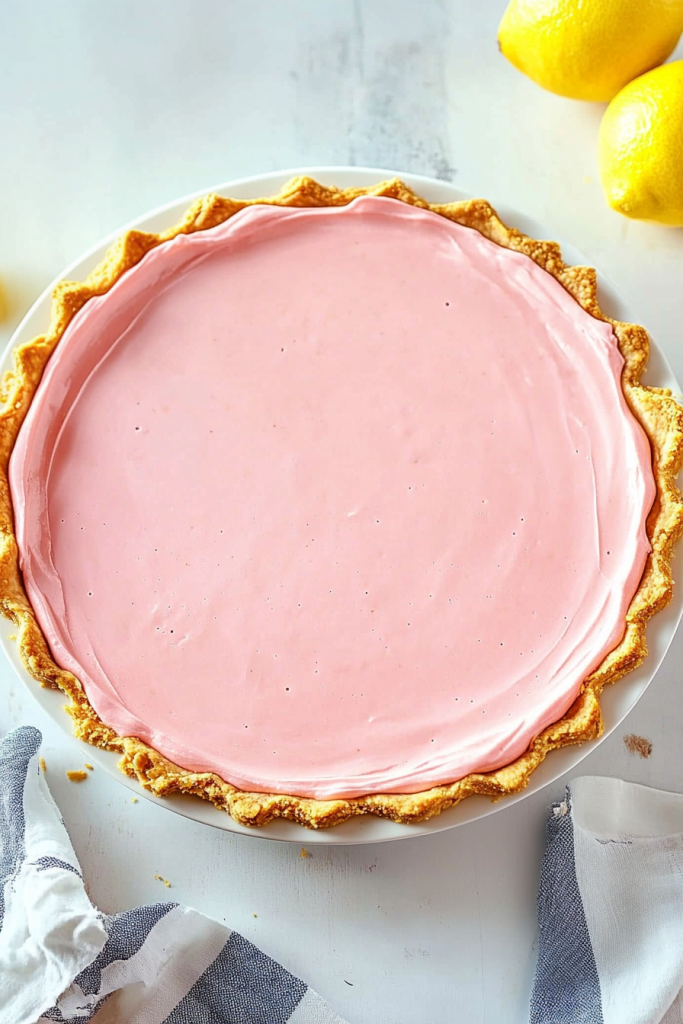 Chilled pie on a white surface, styled with fresh lemons nearby.