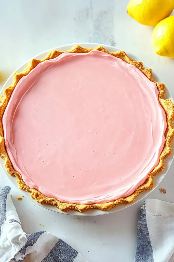 Chilled pie on a white surface, styled with fresh lemons nearby.