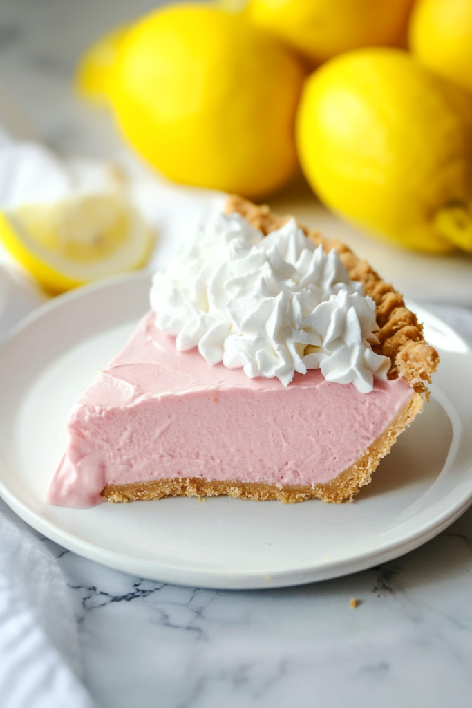 Bright dessert slice on a white plate, styled with fresh lemons in the background.