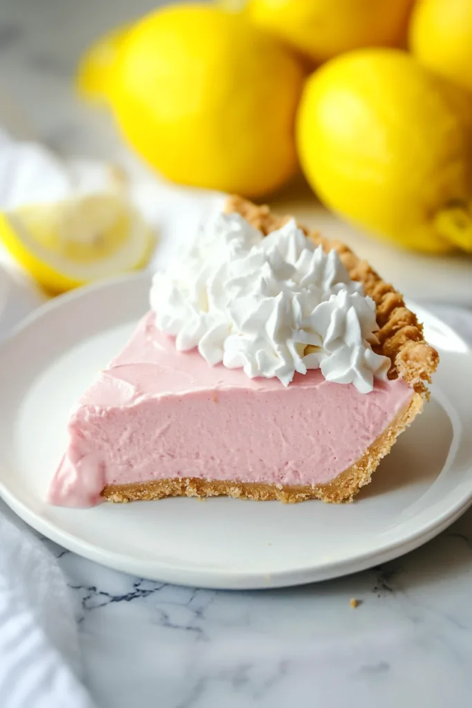 Bright dessert slice on a white plate, styled with fresh lemons in the background.