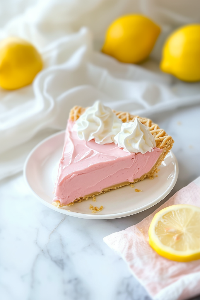 Slice of creamy pink pie with whipped topping and lemon garnish.