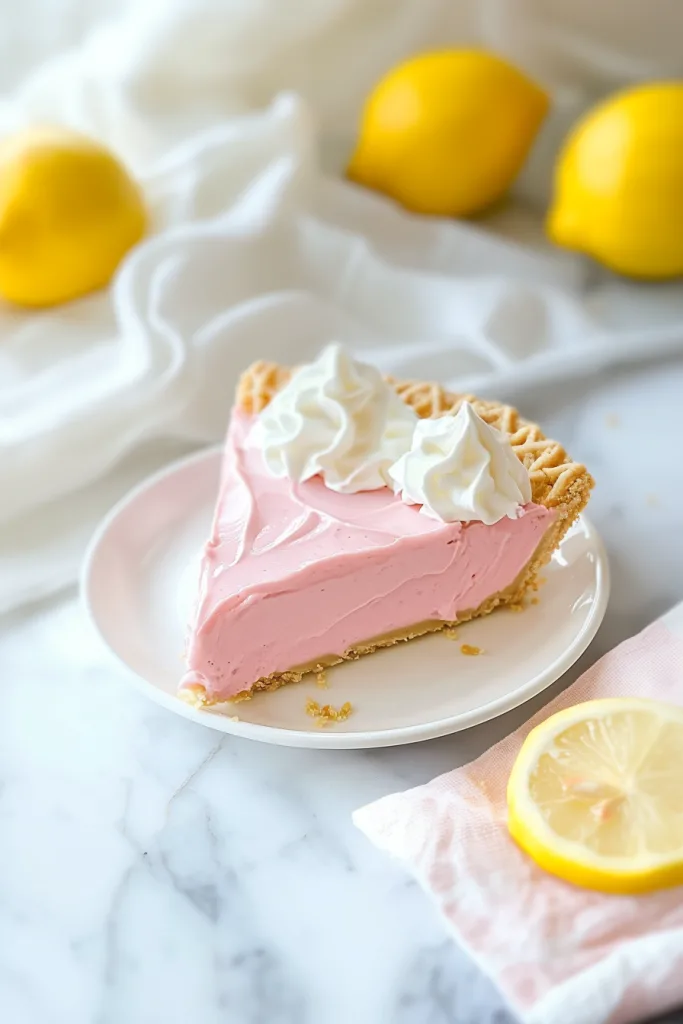 Slice of creamy pink pie with whipped topping and lemon garnish.