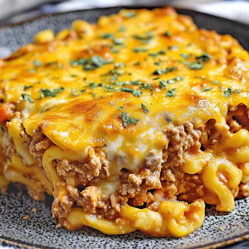 Hearty pasta casserole served hot, with browned cheese crust and parsley garnish.