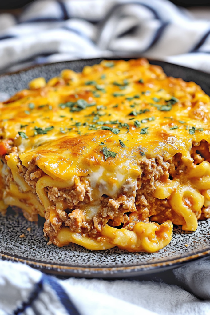 Hearty pasta casserole served hot, with browned cheese crust and parsley garnish.