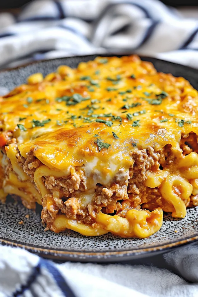Hearty pasta casserole served hot, with browned cheese crust and parsley garnish.