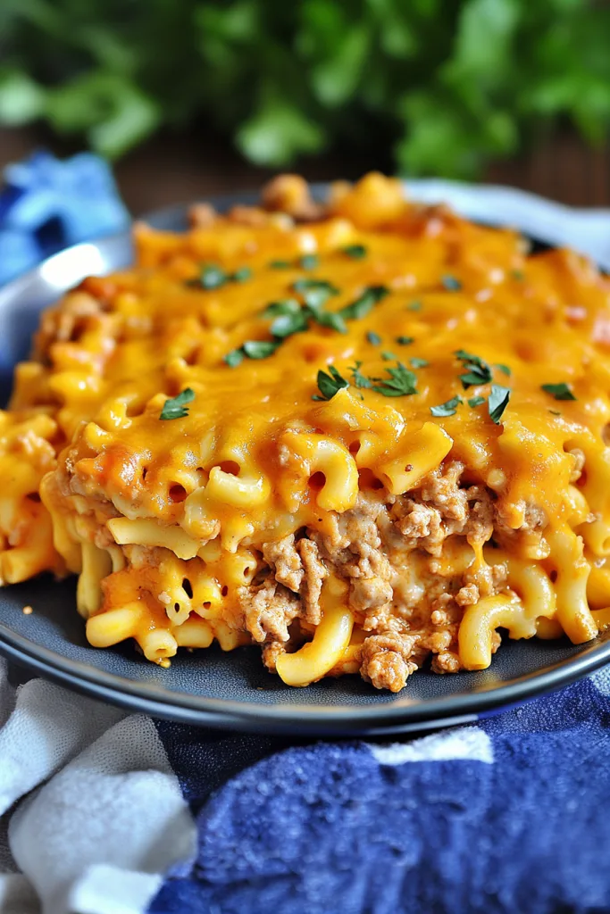 Golden baked casserole topped with melted cheddar and fresh herbs on a dark plate.