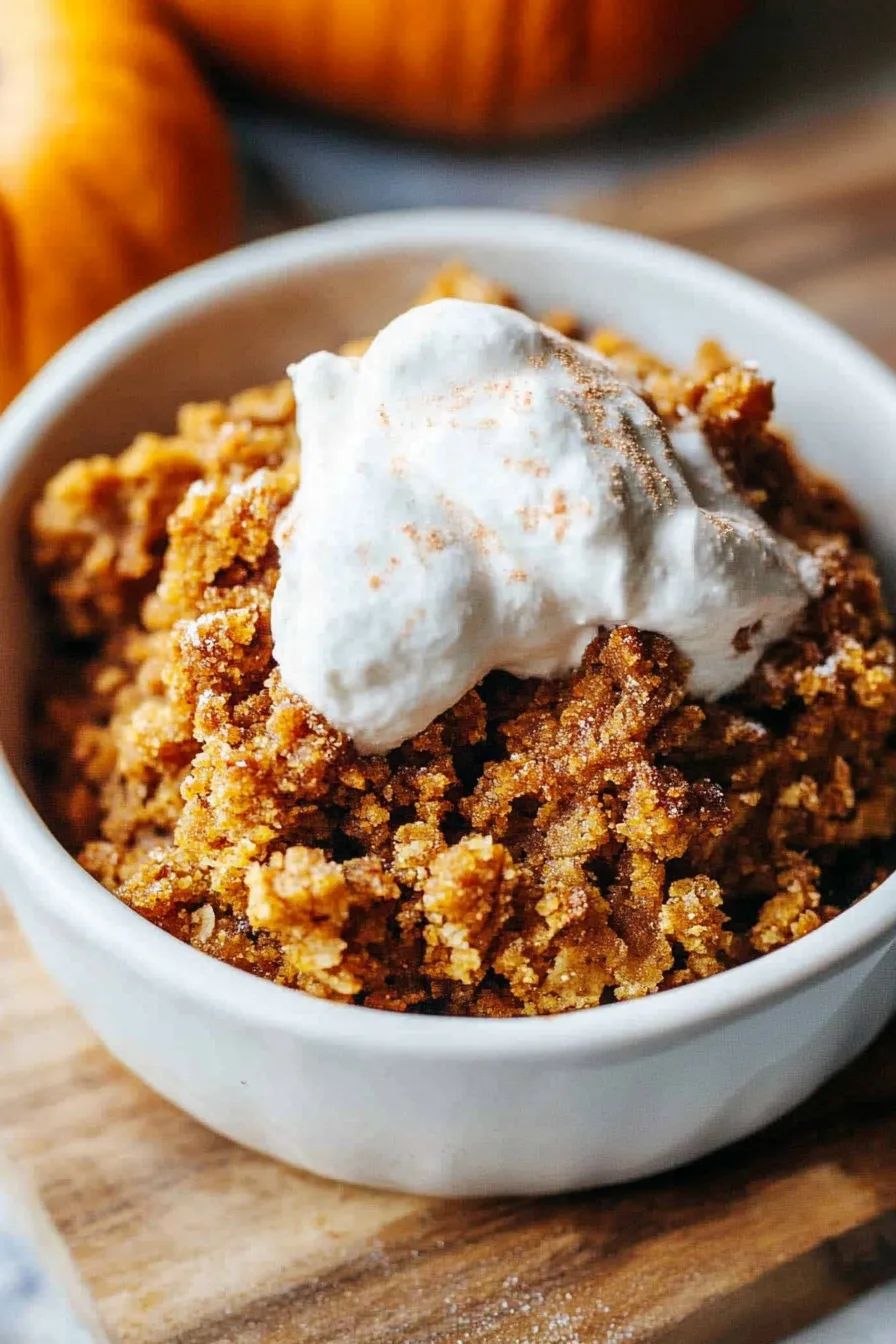 Warm pumpkin dessert topped with golden pecan crumble and whipped cream.
