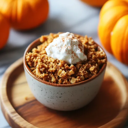 Festive fall dessert served with creamy topping and nutty crumble.