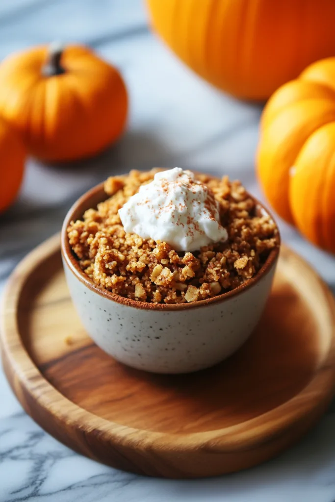 Festive fall dessert served with creamy topping and nutty crumble.