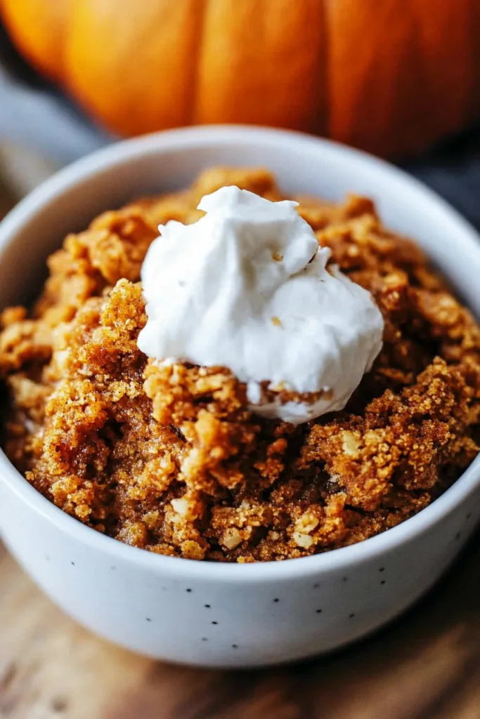 Bowl of autumn dessert garnished with whipped cream and cinnamon.