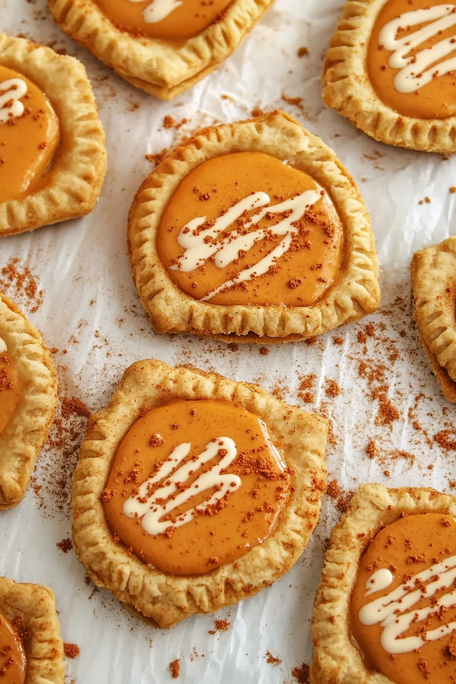 Small golden-brown tarts with crimped pastry edges and smooth orange filling, lightly dusted with powdered sugar.
