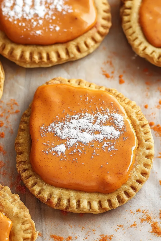 Close-up of glossy pumpkin-filled pastries arranged neatly on a light surface.